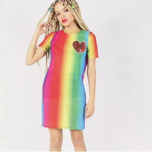 Iron Fist Rainbow Sequin Heart Mesh Dress - Picture 1 of 2